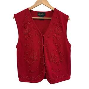 Vintage Y2K Red Pearl Beads Embellished Button Front Sweater Vest Size L Holiday